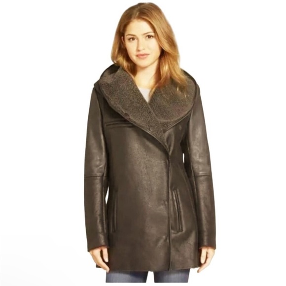 Sam Edelman Sydney Hooded Faux Leather Shearling Brown Coat Medium - Picture 1 of 14